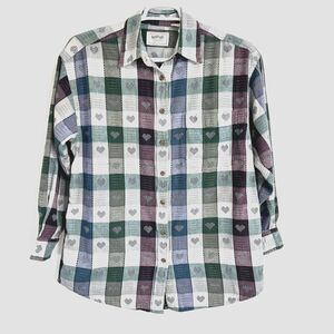 Vtg. Krazy Kat Shirt Mens 14/16 Cotton Green Heart Check Plaid‎  Long Sleeve
